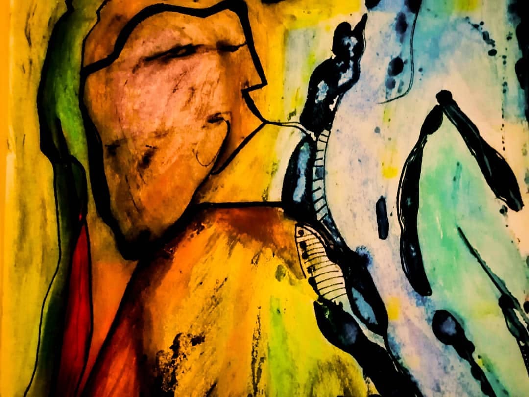 Deciphered painting's duality exploring age, struggle, and temporal self-reflection.